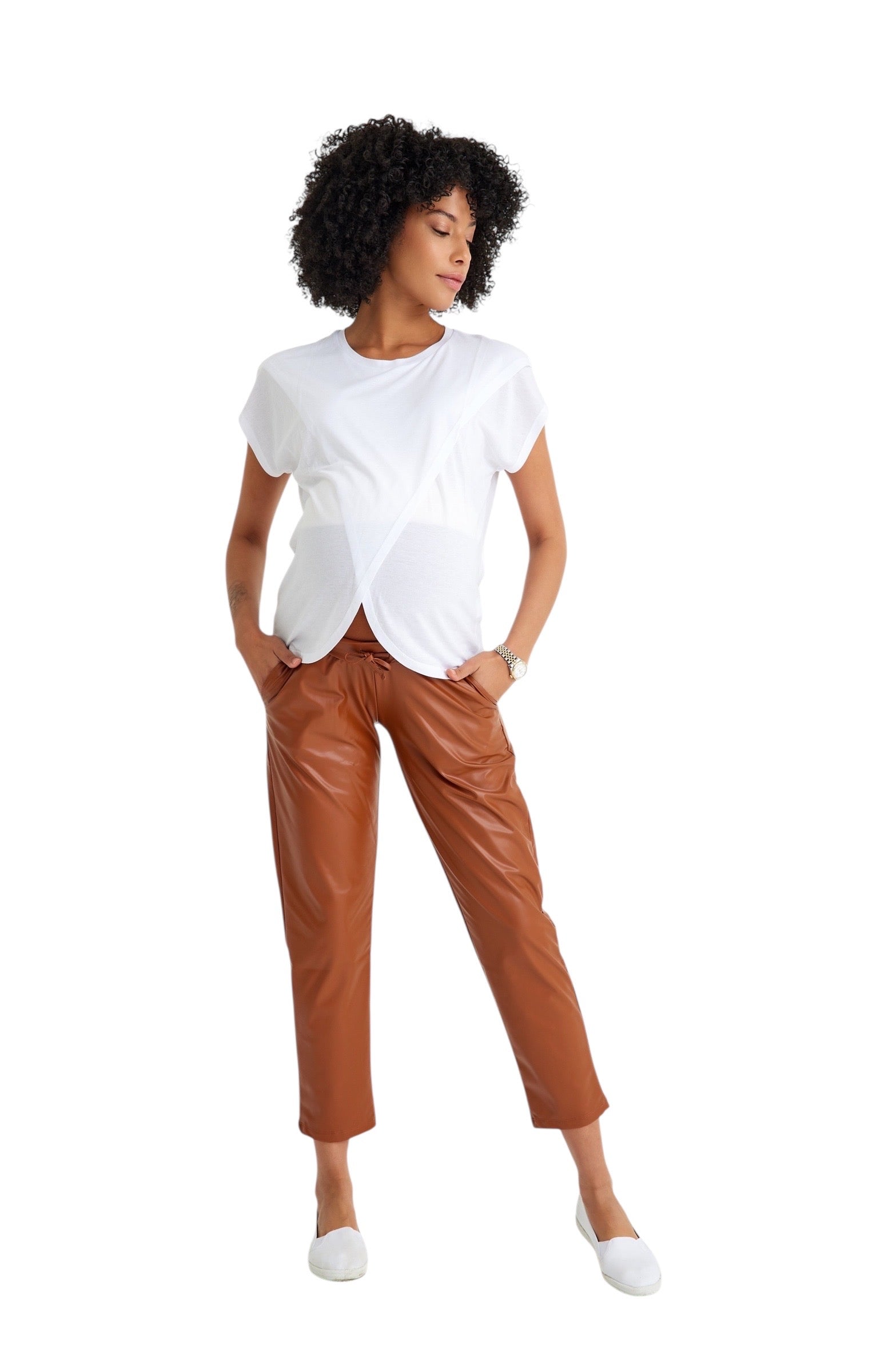 Comfy Cool Foldover Waistband Faux Leather Maternity Jogger Pants