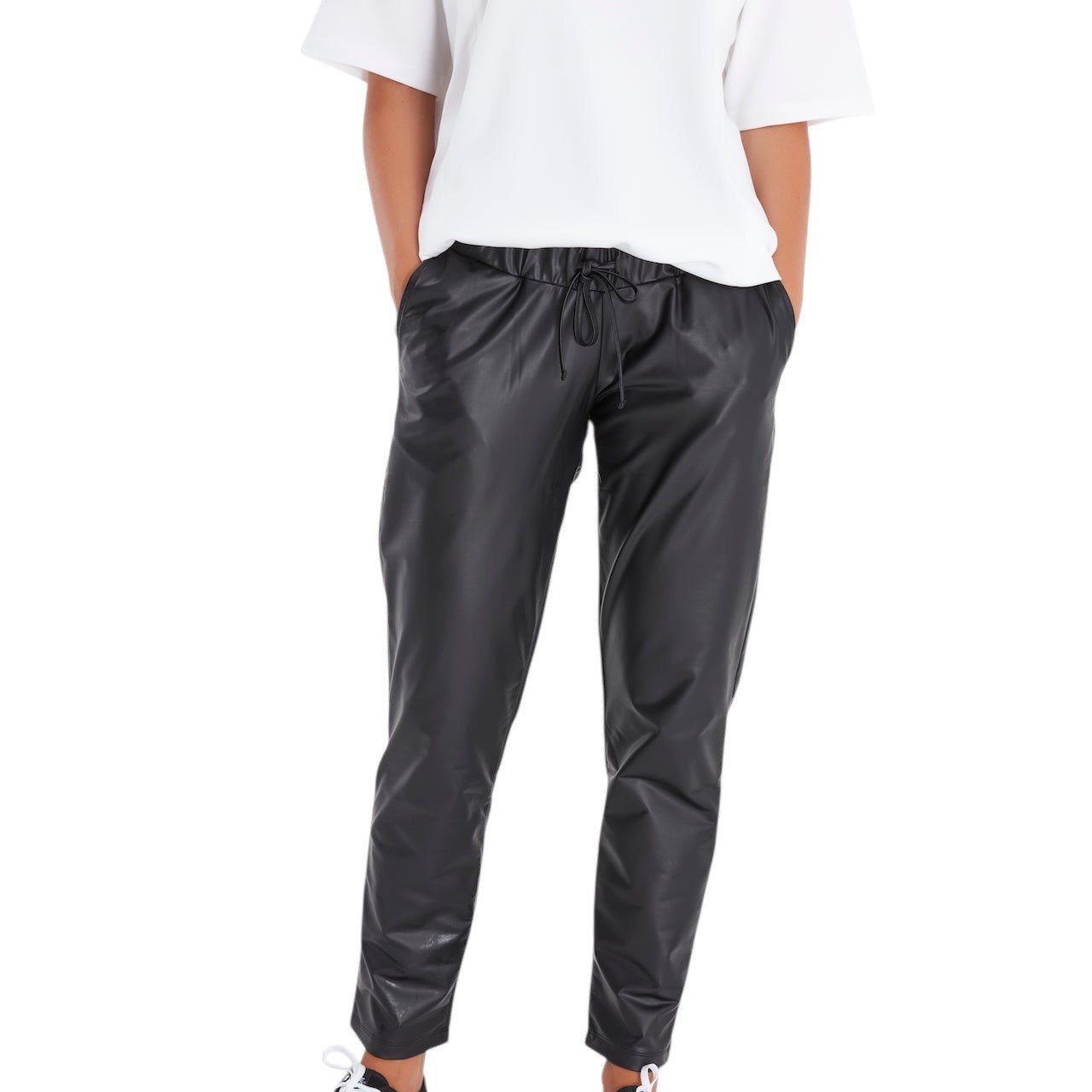 Comfy Cool Foldover Waistband Faux Leather Maternity Jogger Pants
