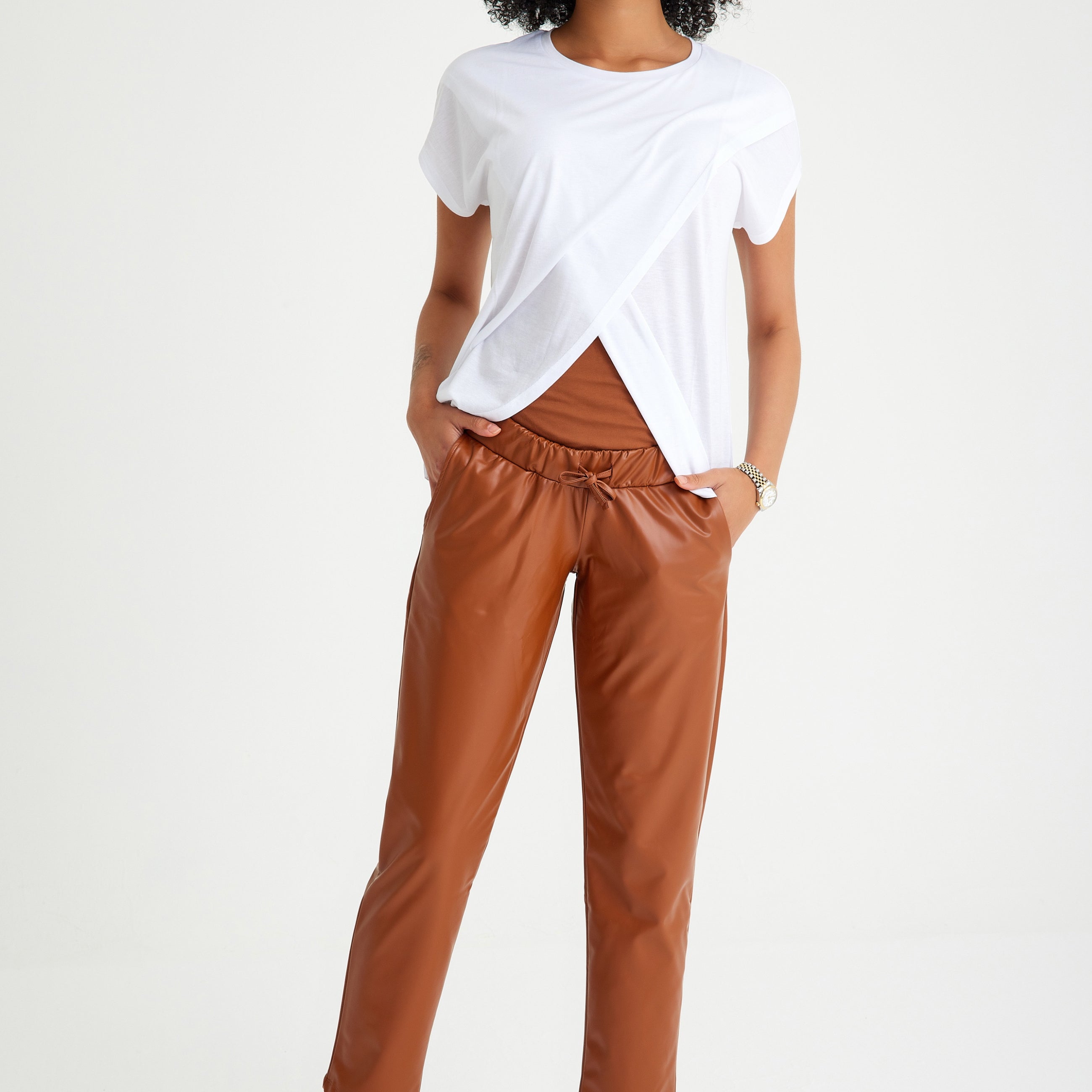 Comfy Cool Foldover Waistband Faux Leather Maternity Jogger Pants
