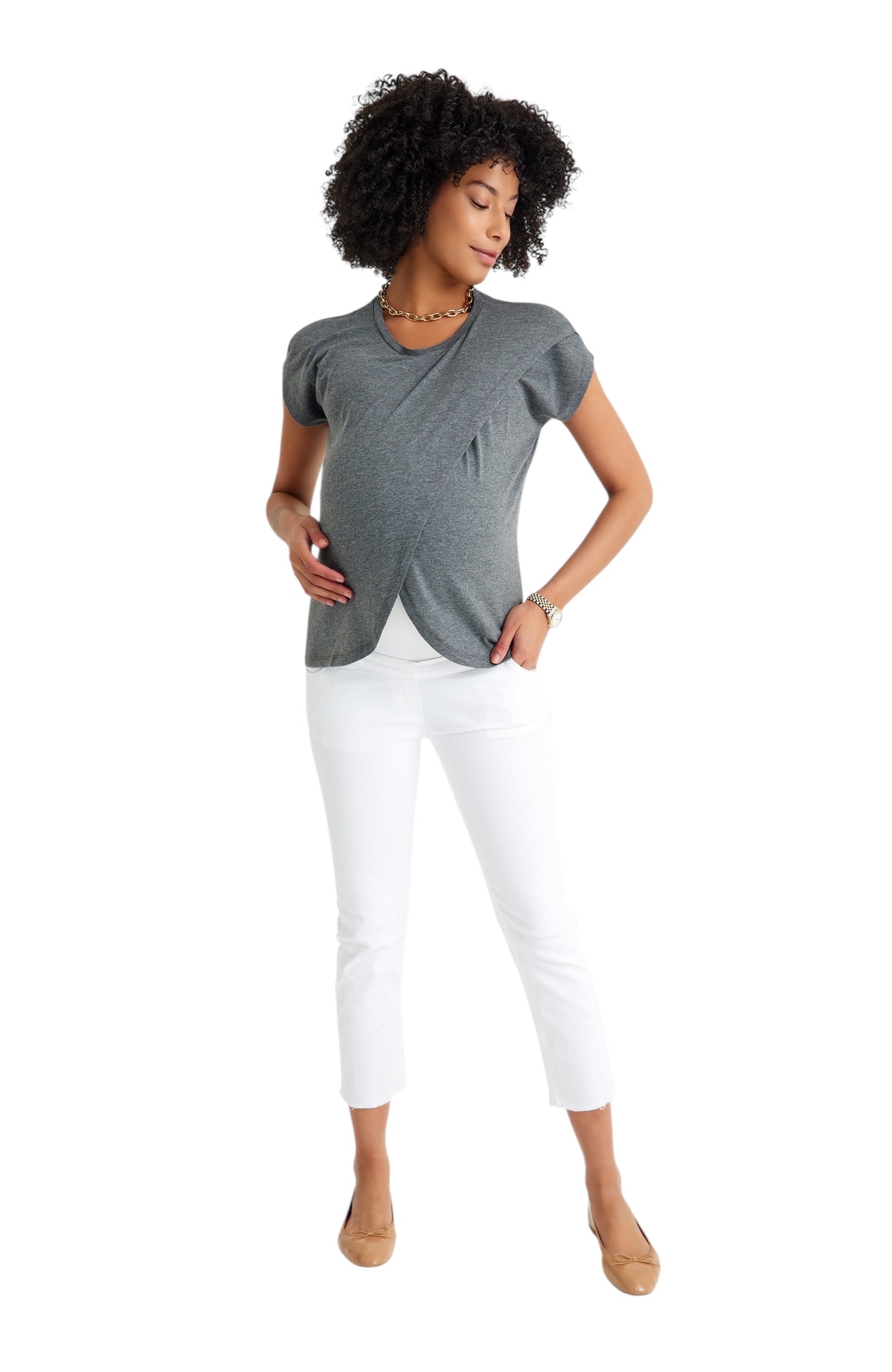 Handy Crossover Short Sleeve Cotton Maternity/Nursing Top
