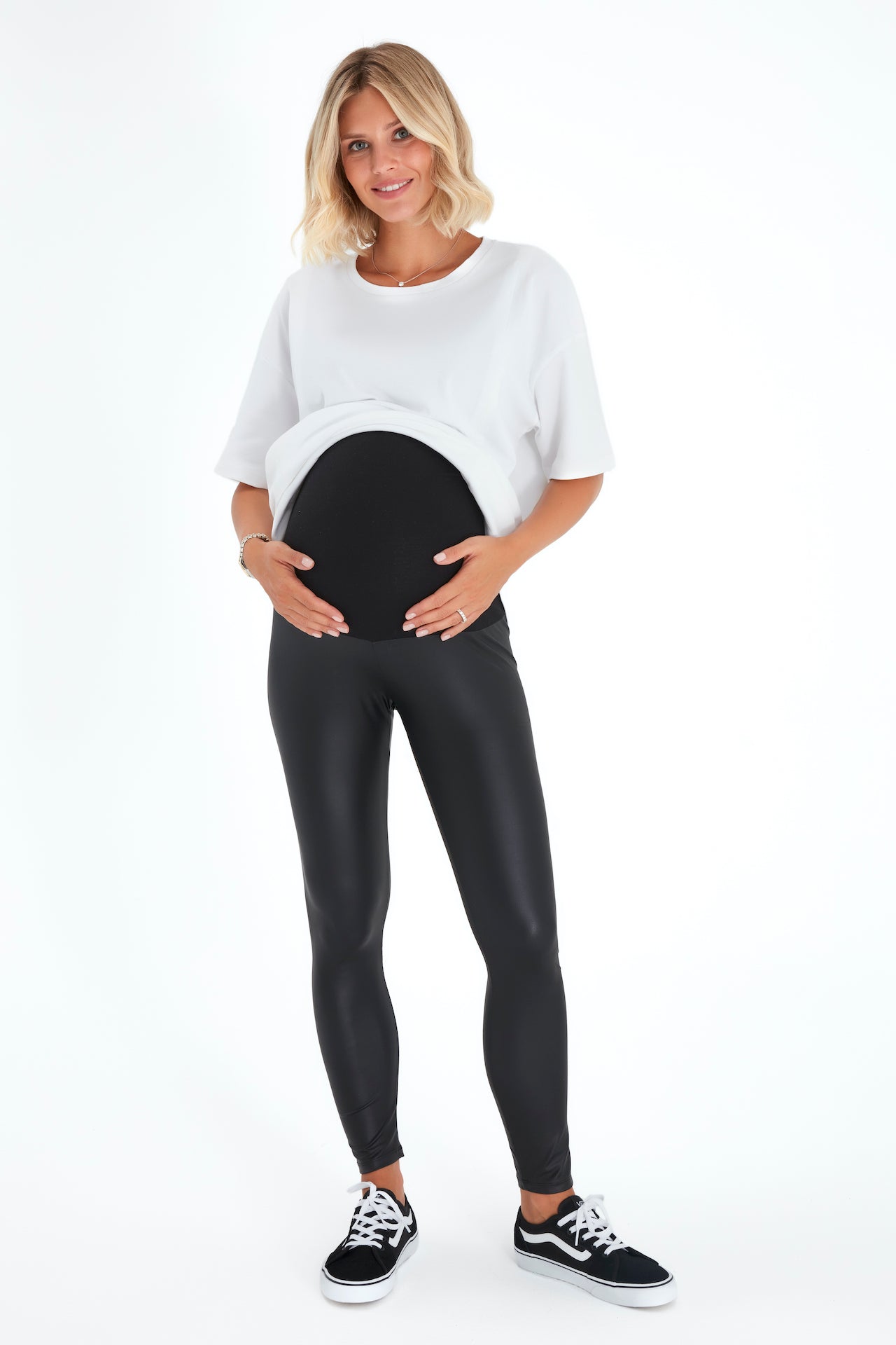 Subtle Foldover Waistband Faux Leather Maternity Leggings
