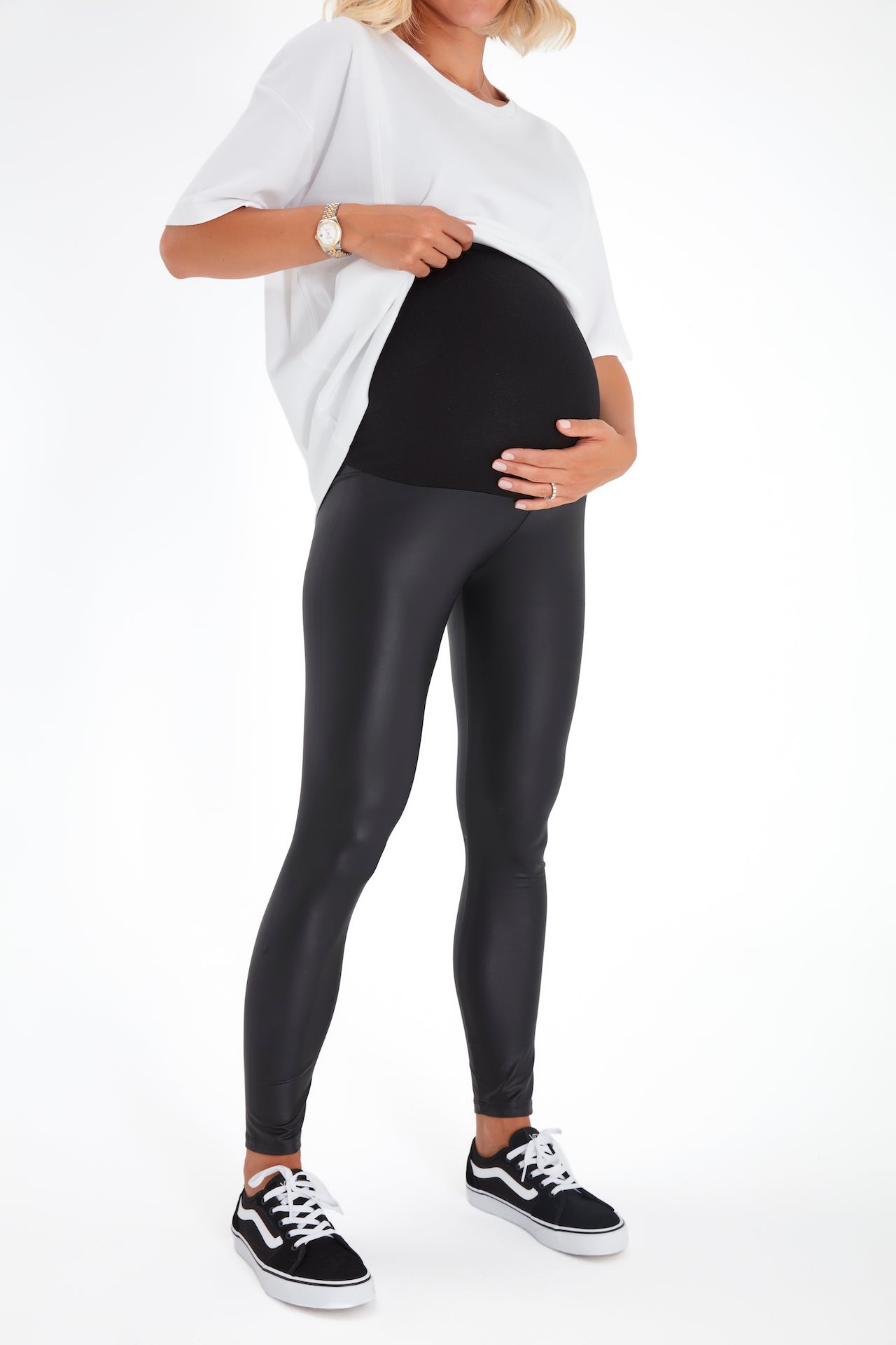 Subtle Foldover Waistband Faux Leather Maternity Leggings

