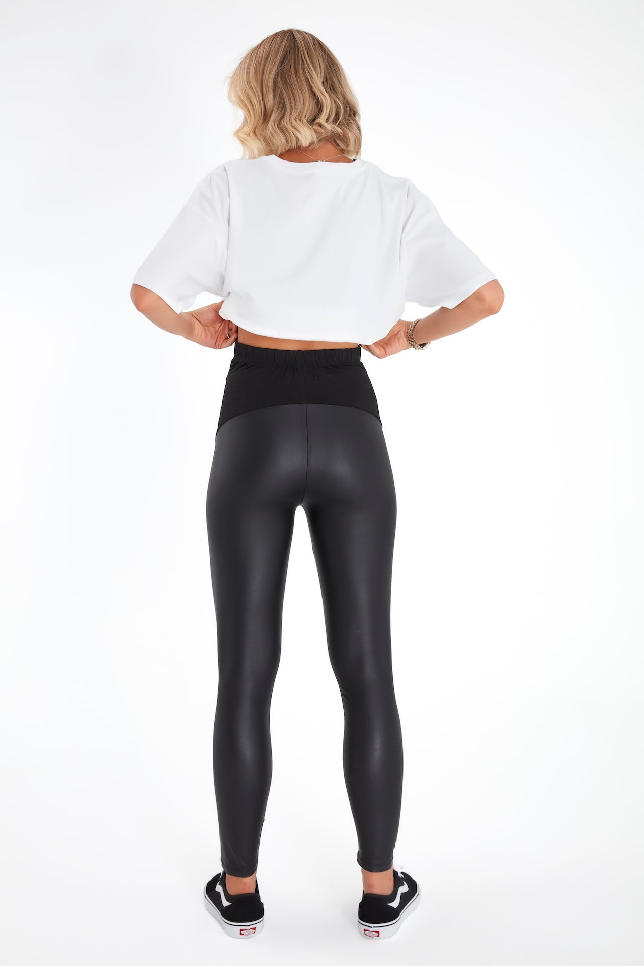 Subtle Foldover Waistband Faux Leather Maternity Leggings
